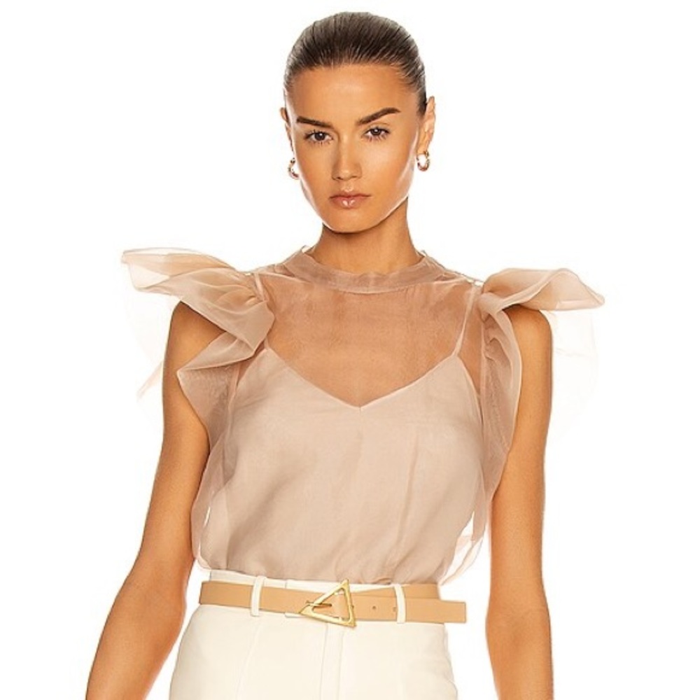 NWOT Jonathan Simkhai Corina Organza Ruffle Sleeve Crew Neck Top in Beige - XS